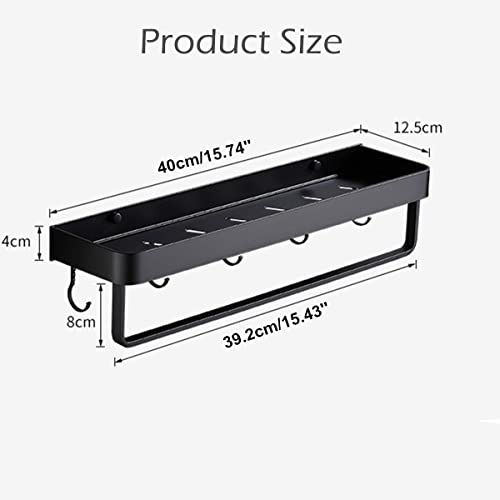 Modern Double Layer Bathroom Storage Shelves and One Towel Bar and 5 Moveable Hooks, Black Aluminum Towel Holders Towel Rack, Shower Storage Shel