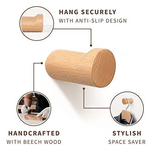 NAUMOO Natural Wooden Wall Hooks - Pack of 4 - Wall Mounted Hook - Modern Wood Coat Rack - Decorative Wooden Pegs for Hanging Hat, Towel, or Purs