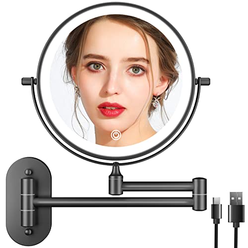 FUNTOUCH Rechargeable Makeup Vanity Mirror with Light, Wall Mounted Double Sided 1X 10X Magnifying Bathroom Mirror, 3 Color Dimmable Lighting, Ex