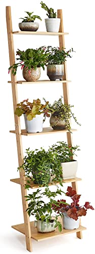 Venloup Ladder Shelf 5-Tier Bookshelf –Bamboo Storage Rack Shelves Wall Leaning Shelf Unit,FreeStanding Plant Flower Stand, Corner Display Bookca