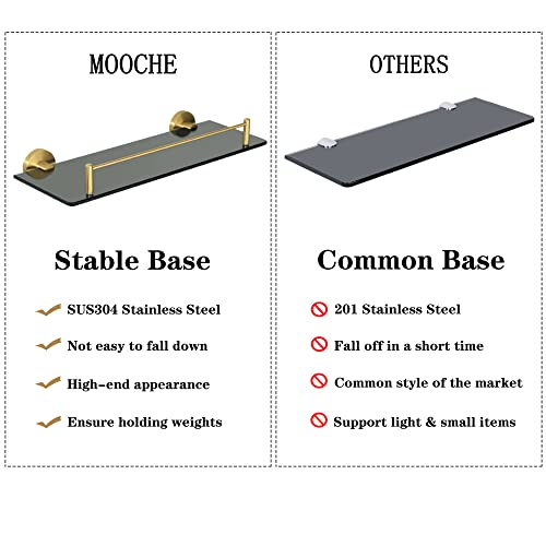 Mooche Tempered Glass Shelf Bathroom Shelf with Rail Wall Mounted 15 Inch, SUS304 Stainless Steel Golden Bracket and Black Tempered Glass, GDL538