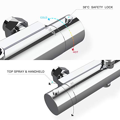Rainsworth Thermostatic Shower Mixer Set, Height Adjustable Mixer Shower System with 25cm Round Overhead Rainfall Shower and High Pressure 3 Jets