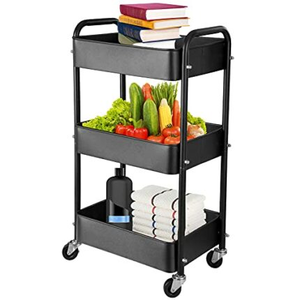 3-Tier Metal Storage Organizer Rolling Utility Trolley Cart - Home Kitchen Bathroom Bedroom Office Classroom Laundry Cleaning Supplies Bar Craft
