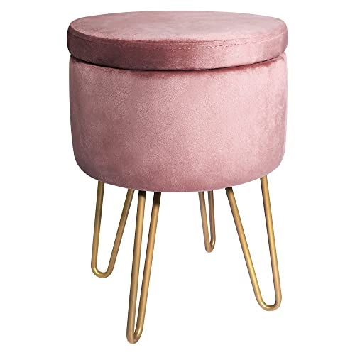 BONTEC Velvet Dressing Table Stool, Round Vanity Stool with Storange, Bedroom Ottoman Stool with Metal Legs for Home Living Room Fitting Room Bed