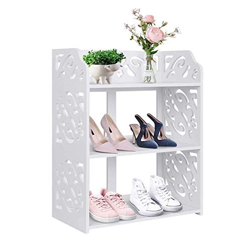 Shoe Rack White, Modern Carved 3 Tiers Freestanding Shoe Rack, Space Saver Stackable White Home Storage Organiser Unit, for Hallway Entryway Bedr