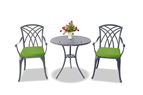 Homeology OSHOWA Grey Aluminium Weatherproof Outdoor Table and 2 Comfortable Chairs with Armrests Bistro Set with Green Cushions