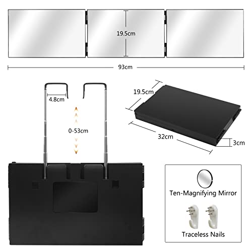 JIAABCHOMO 3 Way Mirror,360 Mirror Self Cut Hair with Height Telescoping Hooks,Portable Adjustable Vanity Mirrors for Self Styling Hair Cutting S