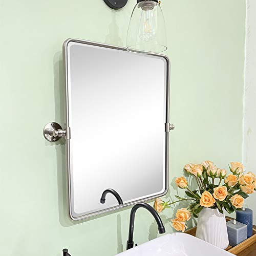 TEHOME 20 x 24 inch Farmhouse Nickel Metal Framed Pivot Rectangle Bathroom Mirror Rounded Rectangluar Tilting Beveled Vanity Mirrors for Wall