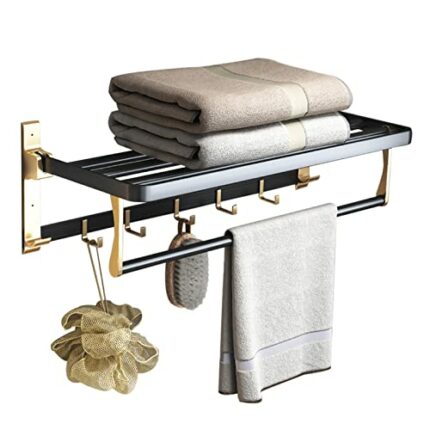 Towel Storage Self Adhesive Towel Shelf No Drilling Towel Rack Wall Mounted with Hook Foldable Space Aluminum for toilet bathroom,gold,60cm