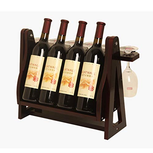 Yalych Countertop Triangle Shape Bamboo Wood Wine Rack - Table Top Wine Bottle Storage Slots for 4 Bottles 6 Wine Glass Rack Hanging Cup Holder -