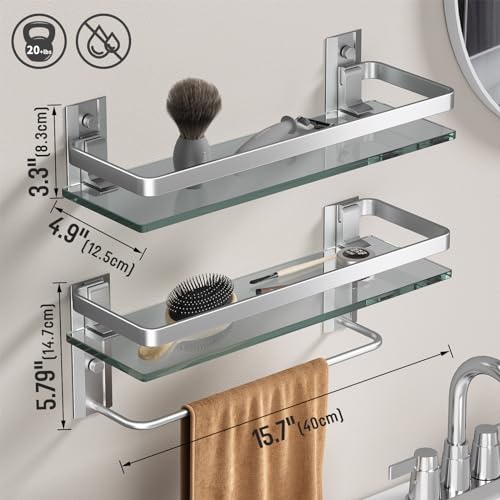 Danpoo Bathroom Shelves Wall Mounted, Tempered Glass Bathroom Shelf with Towel Bar(2 Tier, Matte Silver)