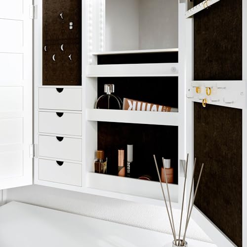 CARME Jewellery Cabinet Armoire with LED Light Mirror & Drawers - Wall Mounted Storage & Organiser Unit for Makeup - Bedroom, Dresser & Vanity Fu