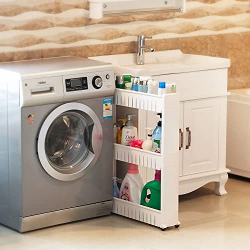 SONGMICS 3-tier Slide Out Storage Tower Kitchen Storage Rack Bathroom Shelf with Wheels 72.5cm White KTR03W