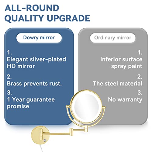 DOWRY Wall Mounted Magnifying Mirror with Light 5x,Gold Extendable Mirror,LED Illuminated Shaving Mirror,360 ° Rotatable Double Sided Mirror,Ø20c