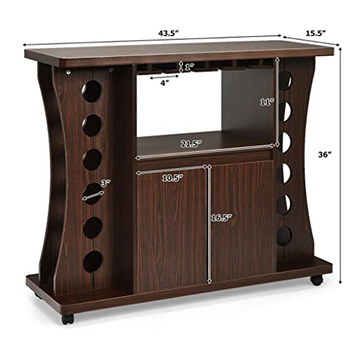 DSHGDJF Rolling Buffet Sideboard Wooden Bar Storage Cabinet W/Wine Rack & Glass Holder