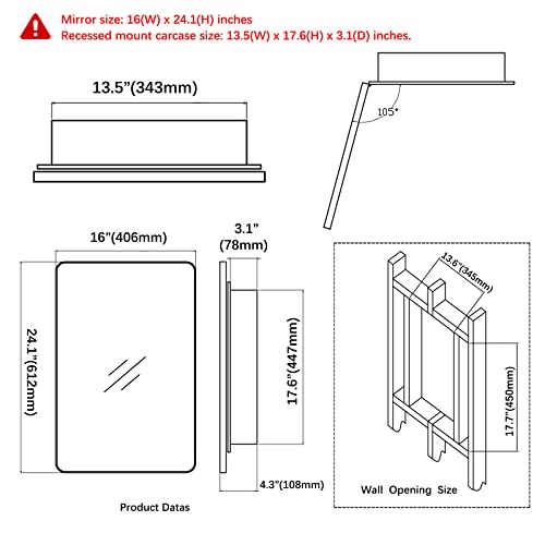 Fundin Plastic Mirror Cabinet, Beveled Edge Mirror Door with Round Corner Metal Frame, Recessed and Surface Mount, Black,40 X 61 CM