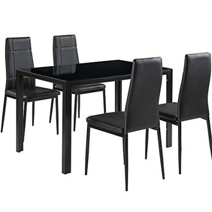 WALNUT Dining Table Set 5 Piece Tempered Glass Table and 4pcs Faux Leather Dinning Chairs