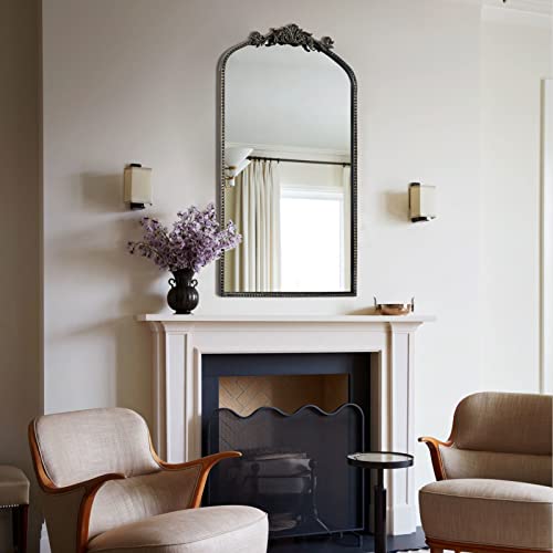 CASOLLY Traditional Retro Brush Black Gold Arch Wall Mirror, 19"x31" Carved Elegant Rectangle Vintage Mirror with Antique Ornate Frame, Baroque I