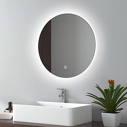 EMKE Round Led Bathroom Mirror, 50CM Illuminated Makeup Mirror Frameless Circular Bathroom Mirror with Smart Switch, Memory Function, Adjust Brig
