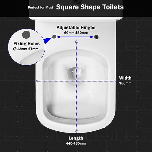 Mass Dynamic Square Toilet Seat Soft Close, One Button Quick Release Toilet Seats for Easy Cleaning, Easy Installation with Top Fixing & Adjustab