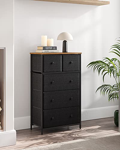 SONGMICS Storage Tower with 5 Fabric Drawers, Dresser Unit, for Living Room, Hallway, Nursery, Particleboard, Non-Woven, Solid Knob Metal Wood, B