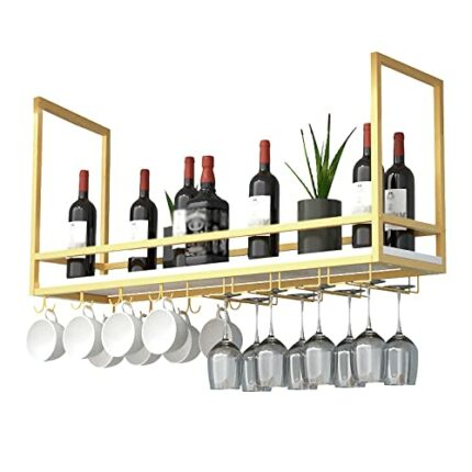 EYLINK Hanging Wine Rack with Glass Holder and Shelf, Industrial Vintage Bar Floating Shelf with Guardrail, Ceiling Mounted Hanging Wine Bottle H