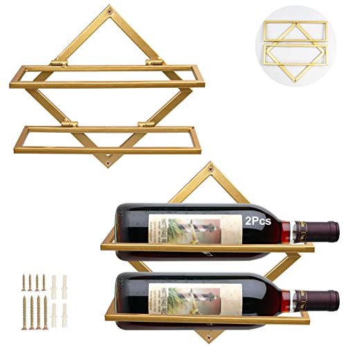 Metal Wall Mounted Wine Holder, Upgrade Foldable Hanging Wall Wine Rack Organizer for 2 Liquor Bottles, Red Wine Bottle Display Hanger with Screw