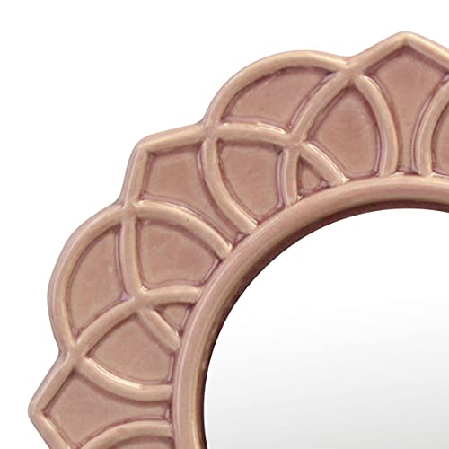 Stonebriar Decorative 9" Pale Pink Round Floral Ceramic Accent Wall Mirror with Attached Hanging Loop, Decorative Decor for The Living Room, Bedr