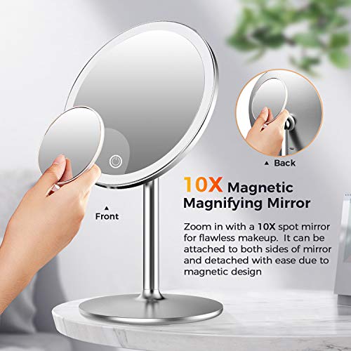 Kostlich Vanity Makeup Mirror with 3 Color Lights, 360 Degree Swivel LED Make Up Mirror with 10X Magnifying Mini Mirror, Cosmetic Mirror for Dres