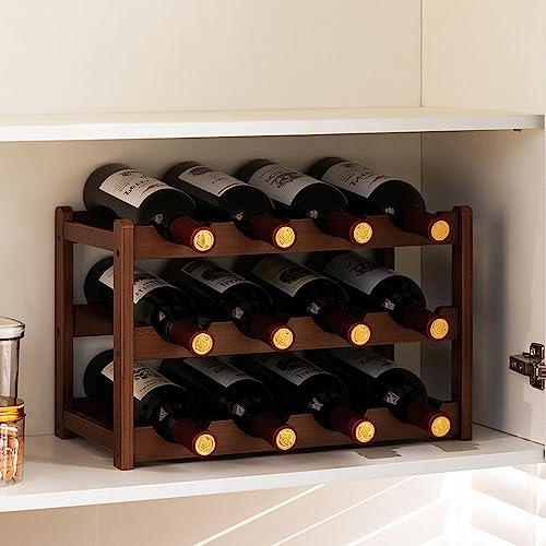 LASIEYO Wooden Wine Rack, 3 Tiers 12 Bottle Free Standing Wine Storage Holder, Retro Minimalist Style Home Decorations Wine Display Shelves for H