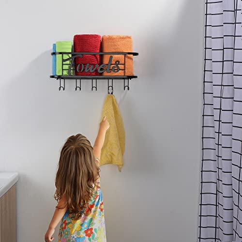 KEGII Towel Storage Rack Wall Mounted with 5 Hooks, Rolled Bath Hand Towel Holder, Black Bathroom Decor, Stainless Steel Shelf Organiser