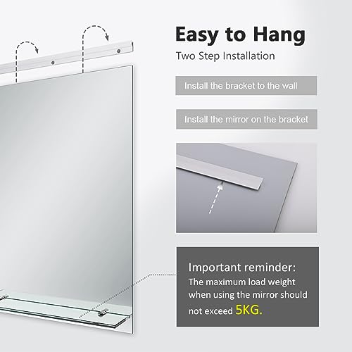EMKE Bathroom Mirror with Shelf, 450x600mm Wall-Mounted Vanity Mirrors with Storage Frameless Lightweight Mirror, Bathroom Living Room Hanging Mi