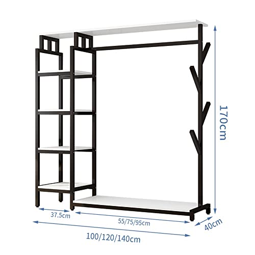 Clothes Rack, Heavy Duty 5 Tier Coat Rack with Hanging Rail, Open Wardrobe, 4 Hooks, Industrial Design, Metal Frame, White 140x40x170cm