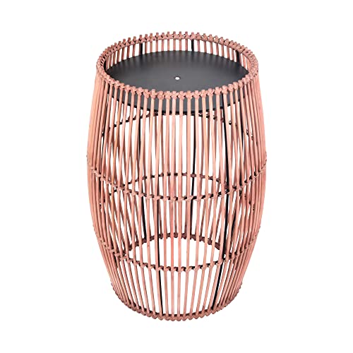 Teamson Home Outdoor Garden Small Round Drum Patio Side Table, 12.5 Inch Plant Stand in Bamboo Wicker, Weather Resistant, Outdoor Garden Décor, B
