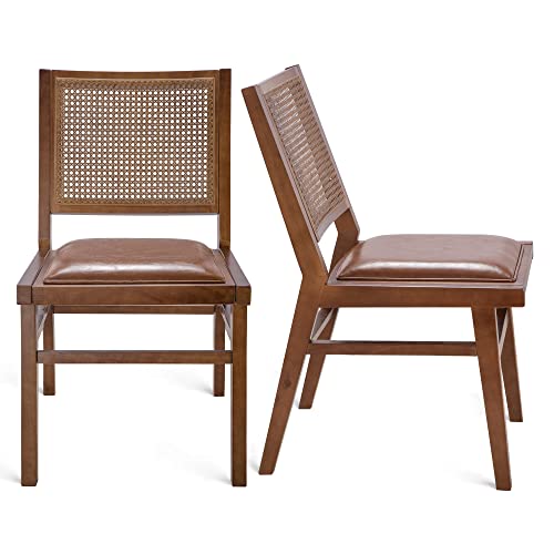 MeetLeisure Armless Mid-Century Wooden Chair Teak Color Set of 2 - Wooden Chair with Hand-Woven Rattan Backrest, Suitable for Living Room & Kitch