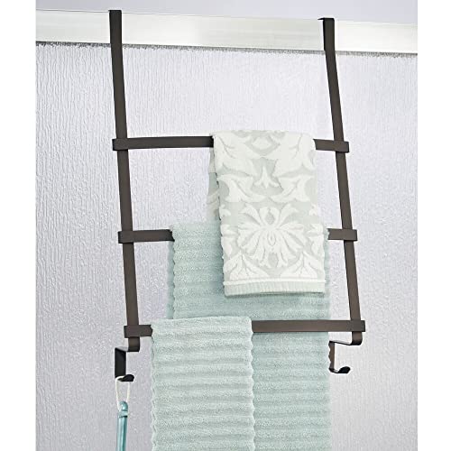 mDesign Over The Door Towel Ladder - Towel Rail with 3 Rungs and 2 Hooks for Bath Towels, Hand Towels or Clothing - Over The Door Towel Rack - Br