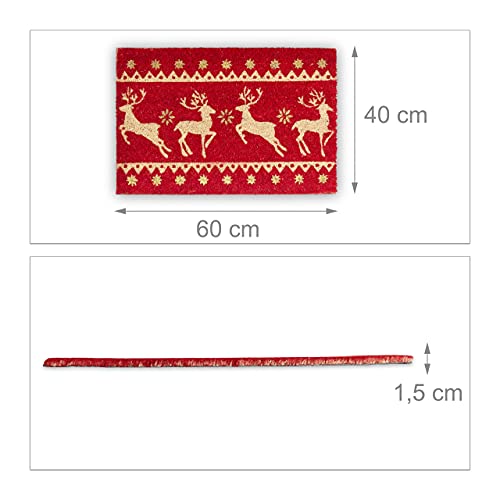 Relaxdays Christmas Coir Doormat, HxWxD: 1.5 x 60 x 40 cm, Reindeer, Stars, Glitter, Coconut Fibres, Rubber, Multicolour, 40 x 60 x 1.5 cm