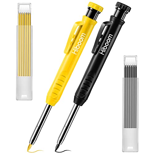 Hiboom 2 Pack Solid Carpenter Pencil with 14 Refill, Long Nosed Deep Hole Mechanical Pencil Marker with Built-in Sharpener for Carpenter Woodwork