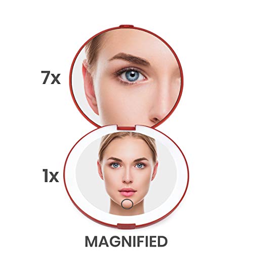 LUNA London Compact 2.0 Travel Mirror in Scarlet Red | Travel Makeup Mirror with Light | LED Lighted Vanity Mirror with 3 Light Modes | 7X Magnif