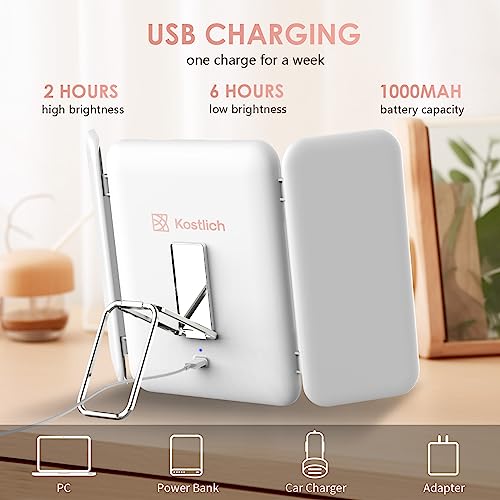 Kostlich Travel Trifold Vanity Makeup Mirror with 3 Color Lights, Rechargeable 1X/3X/7X Magnifying Mirror, Portable Light Up Mirror