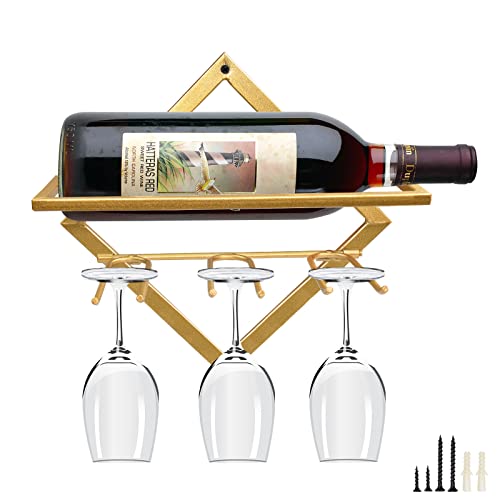 Metal Wall Mounted Wine Holder, Upgrade Foldable Hanging Wall Wine Rack Organizer for 2 Liquor Bottles, Red Wine Bottle Display Hanger with Screw