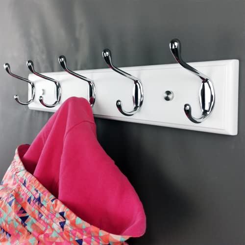 lomejii 5 Silver Hooks Wooden Wall Coat Rack, White 44 cm, Strong Hook Rack for Hanging Clothes, Hats, Backpacks, Great Modern Wardrobe for Entra
