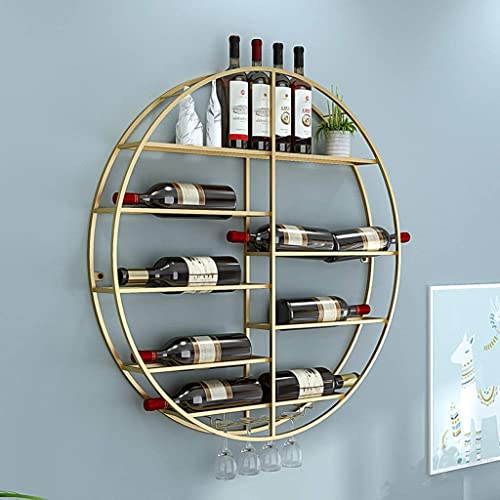 EMISOO Round Wine Racks Wall Mounted Wine Bottle and Glass Holder Metal Goblet Stemware Racks Home Bar Floating Display Shelves, Gold (Size : Dia