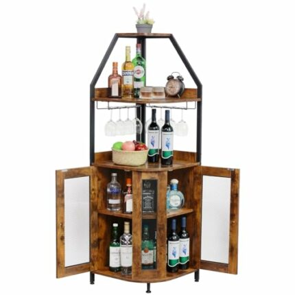 EOYUTLLY Corner Bar Cabinet,3-Tier Wine Bar Cabinet with Storage,Liquor Cabinet with Glass Holder,Mesh Door and Adjustable Shelf,Corner Shelf Liq