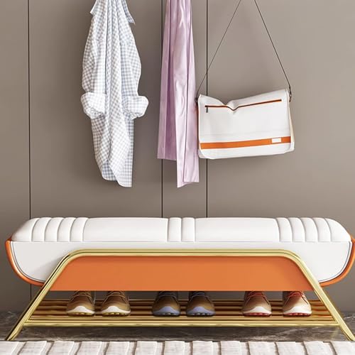 N/A Storage Bench with Shoe Rack, End of Bed with Leather Seat, Upholstered Bedroom Bed Bench Ottoman with Legs, for Hallway, Entryway, Living Ro