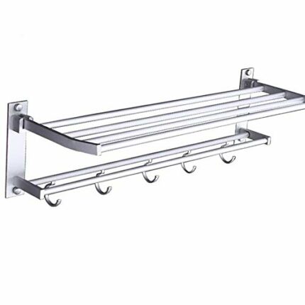 N/A Bathroom Towel Racks Foldable Alumimum Chrome Towel Holder Wall Mounted Towel Shelf with Hooks