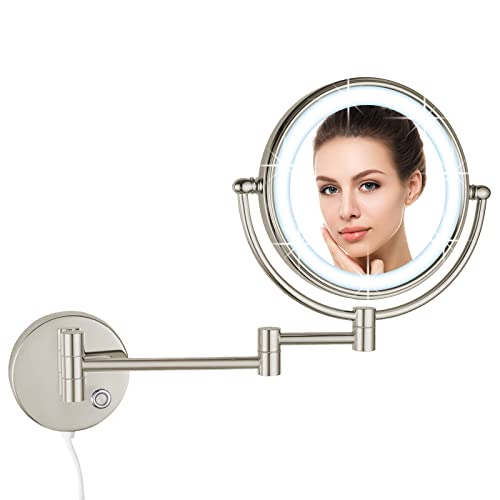 DOWRY Wall Mounted Magnifying Mirror with Light 5x,Gold Extendable Mirror,LED Illuminated Shaving Mirror,360 ° Rotatable Double Sided Mirror,Ø20c
