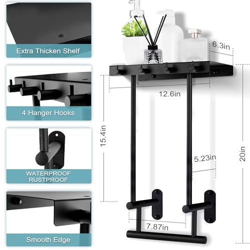 romise Towel Racks for Bathroom, Towel Holder Organizer with Black Metal Shelf and 4 Towel Hooks, Bath Wall Mounted Towel Hanger Storage, Wall Sh