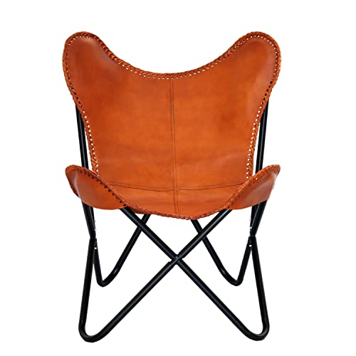 Brown Vintage Leather Arm Butterfly Chair Genuine Leather Home Décor Chair | Handmade Chair (with Fold-able Stand)