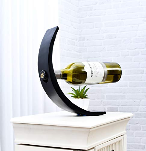 LEEWADEE Decorative Wooden Wine Holder – Handmade Bottle Stand for Wine or Spirits, Elegant Bottle Dock Made of Mango Wood, 29 x 6 x 10 cm, black